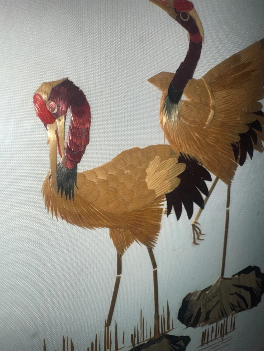 VTG Mid-Century Japanese Straw Mosaic Art | Majestic Cranes in Bamboo Forest